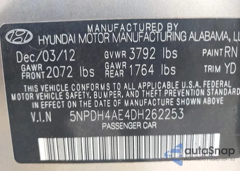 2013 Hyundai Elantra Gls из США, поврежденный, VIN 5NPDH4AE4DH262253